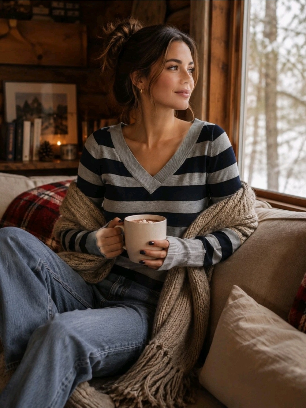 H & M Devided Women's Gray/Navy Striped Light Sweater M